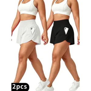 2pcs High-Waist Tummy Control Yoga Shorts Women'S High-Waist Black Yoga Shorts With Pockets - Tummy Control, Stretchy Running & Workout Leggings, Sleek Design, Solid Color, Comfortable And Durable Running Apparel with Functional Pockets. summerwins