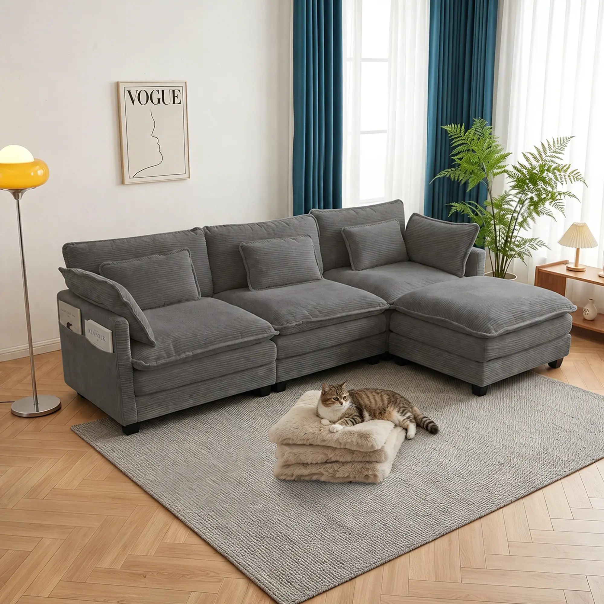 Modern 111" Modular L-Shaped Cloud Corduroy Deep Seat Couch, Sectional Sofa with Movable Ottoman & Pillows, for Living Room Apartments