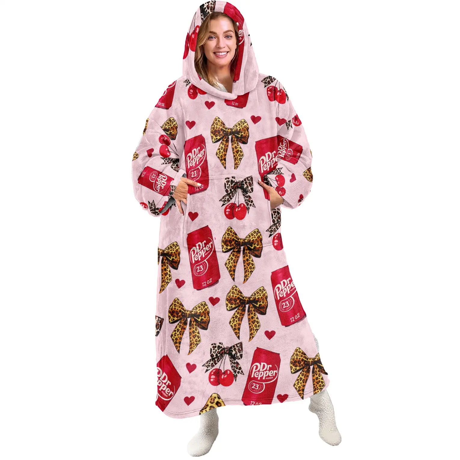Hoodie blanket, wearable blanket, leopard bow tie coke heart print hooded wearable blanket, digital printed flannel blanket, soft and warm suitable for sofa cover blanket, air conditioning blanket, nap blanket, cover blanket for office bed camping travel
