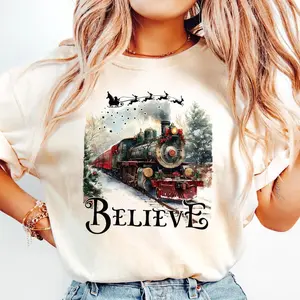 Believe Train Christmas Shirt, Polar Express Inspired Tee, Holiday Train T-Shirt, Christmas Spirit Graphic Tee, Festive Red Xmas Shirt 6HT