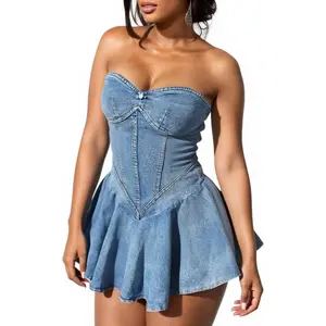 Women's Comfy Vintage Polyester Strapless Bustier Denim Dress - Off-Shoulder Corset Tube Mini Jean Dress for Casual Wear