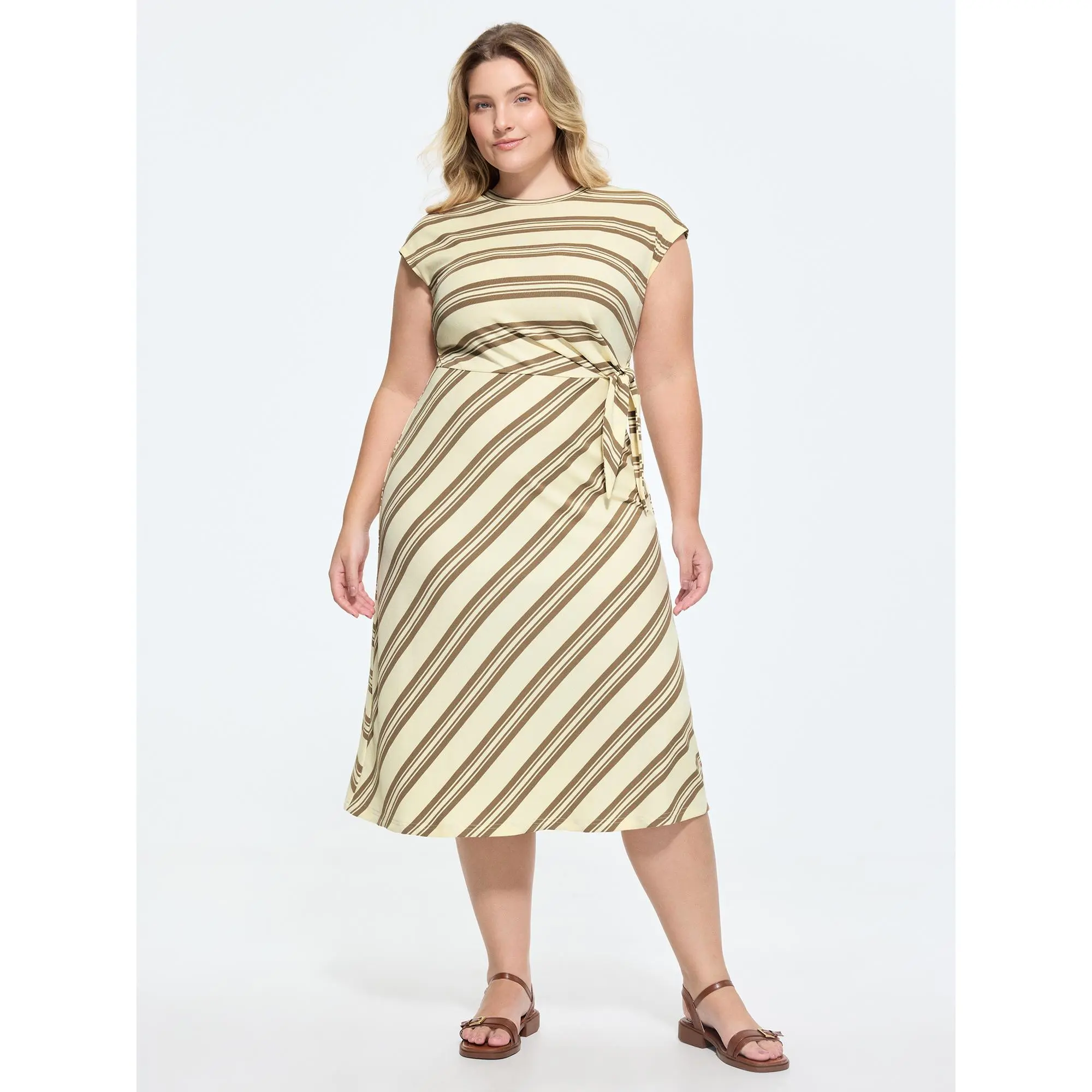 BLOOMCHIC Women's Plus Size Striped Cap Sleeve Side-Knotted Midi Dress [M-6X] - 2026 Spotlight, Summer Casual, Polyester Blend Spandex Fabric, Flattering Fuller Bust Fashion, Cold Wash Deals, Bow Detail