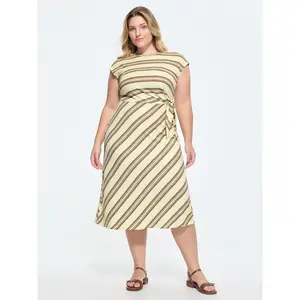 BLOOMCHIC Plus Size Striped Print Side-Knotted Midi Dress[M-6X] 2026 Spotlight,Summer wins,Deals for you days, Spandex, Garment