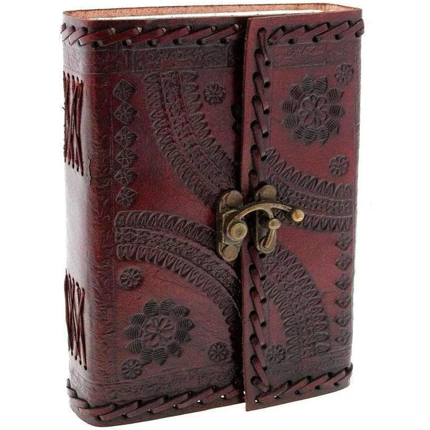 Large 8" Embossed Leather Bound Journal with lock Genuine Brown Antique Old personal Diary notebook journal Men Women Hand embossed