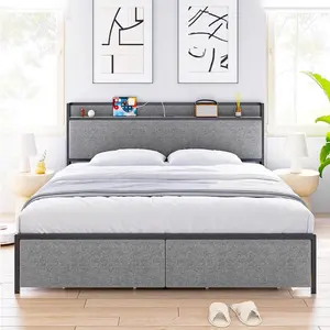 Gaomon King Size Linen Fabric Metal Platform Bed Frame with 16D Sponge Upholstered Headboard, 2 Storage Drawers, Charging Hub, USB Ports & Outlets, Heavy-Duty, Noise-Free, No Box Spring Needed, Easy Setup