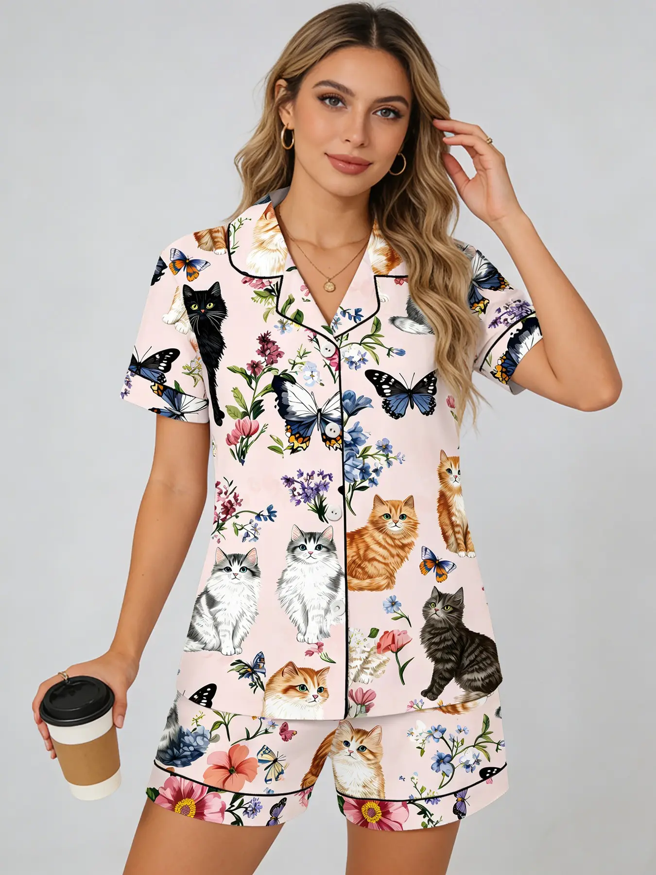 Cat Lover Pink Floral Pajama Set for Women, Button Down Short Sleeve, Spring Summer Casual Loungewear, Cat Print, Loose Fit Homewear, Casual Sleepwear Set, Sleepwear Pajamas, Fashion Sleepwear