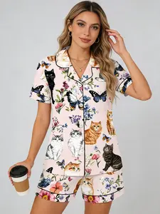 Cat Lover Pink Floral Pajama Set for Women, Button Down Short Sleeve, Spring Summer Casual Loungewear, Cat Print, Loose Fit Homewear