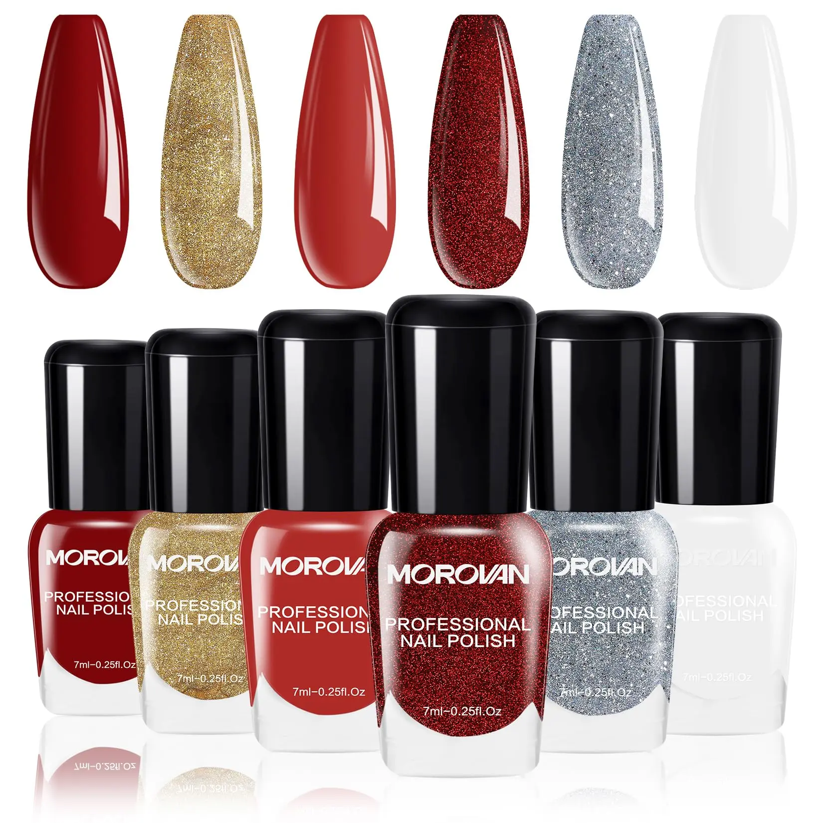 Red & Gold Glitter Nail Polish Set - 6 Shades with Sparkling Burgundy, Shimmery Gold, Dazzling Silver & White, Long Lasting Quick Dry Nail Varnish, Salon Quality DIY Manicure Kit, Perfect Holiday Party Gift for Nail Art Lovers
