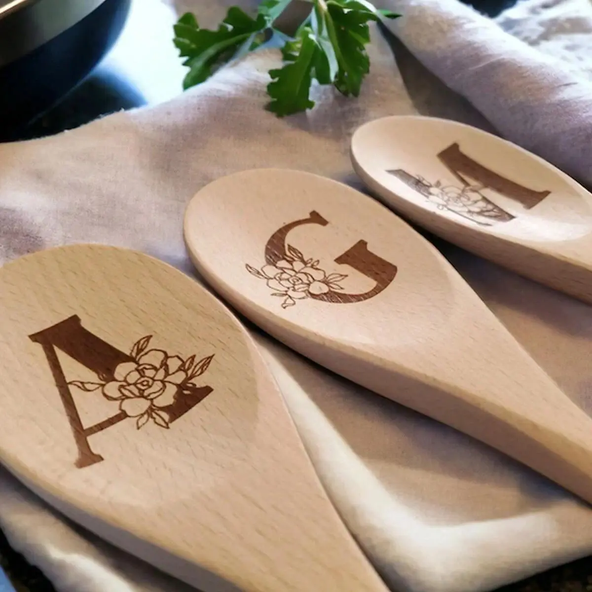Custom Floral Letter Spoon, Carved Wooden Stirring Spoon, Personalized Wood Kitchen Utensil, Custom Flower Letters, Made in China