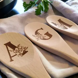 Custom Floral Letter Spoon, Carved Wooden Stirring Spoon, Personalized Wood Kitchen Utensil, Custom Flower Letters, Made in China