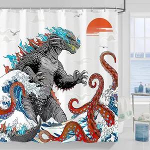 Funny Dinosaur Octopus Shower Curtain Fun Cool Gray Red Anime Monster Kraken Japanese Ocean Wave Shower Curtains for Bathroom Kids Nautical Waterproof Fabric Bath Curtain Decor 60 X 72 Inches