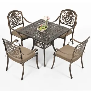 5-Piece Patio Dining Set - Outdoor Cast Aluminum Furniture with Vintage Table Top, 4 Outdoor Stackable Chairs, Rust-Resistant Design