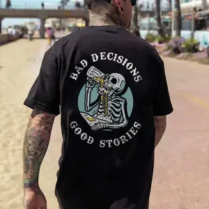 Unisex Classic Short-Sleeve Tee, Men's Casual T-Shirt with Bad Decisions Good Stories Beer Skeleton Black Print, Comfortable Fabric