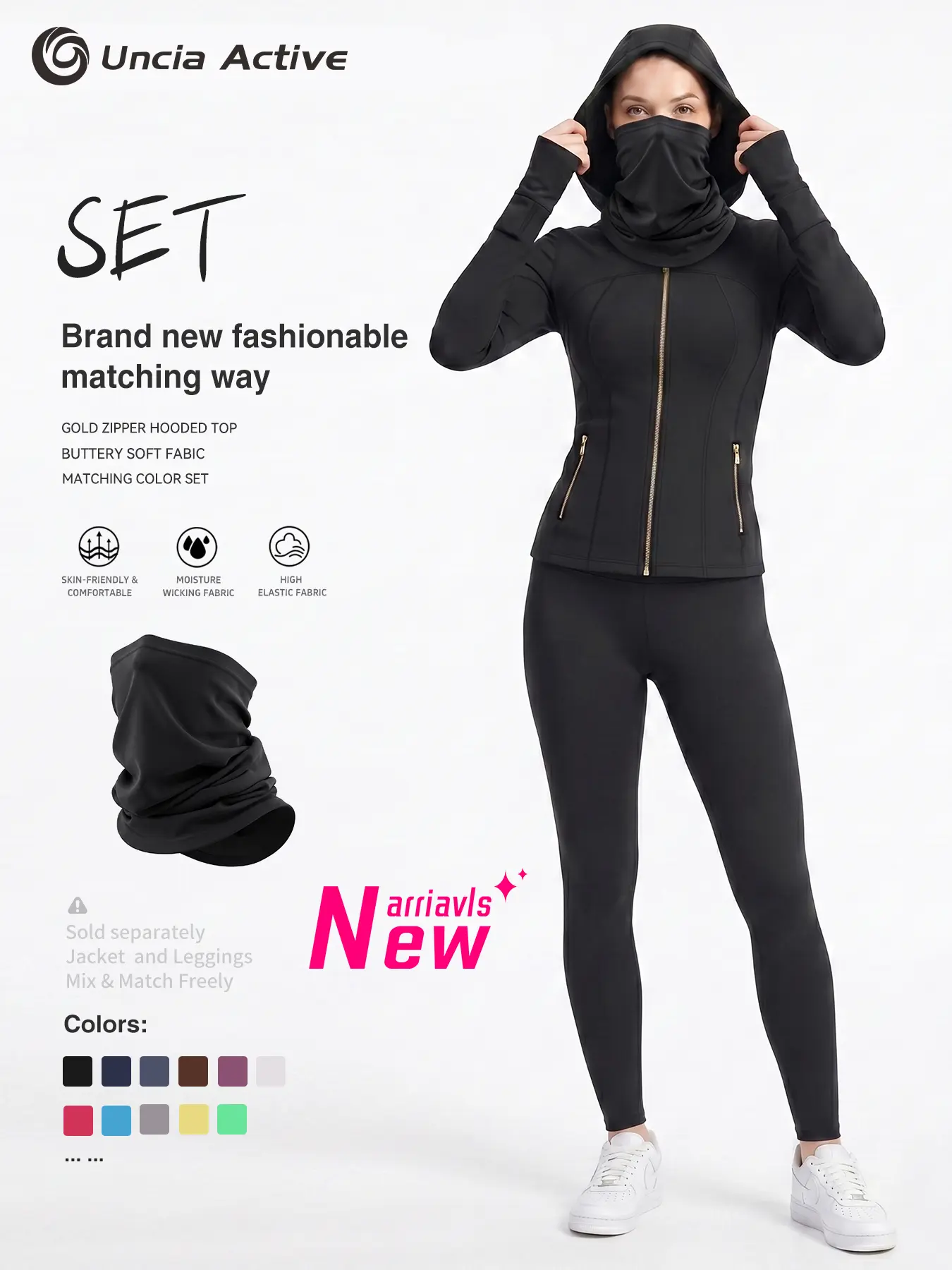Slim Gold Zipper Hooded Active Set With Built‑in Face Cover  Buttery‑soft stretch moisture‑wicking fabric. Workout jacket & high‑waist leggings sold separately, mix‑and‑match. Great for gym, jogging & everyday wear, multiple colors