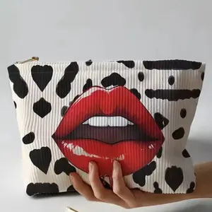 Lip Print Corduroy Makeup Pouch – Stylish Zip Cosmetic Bag