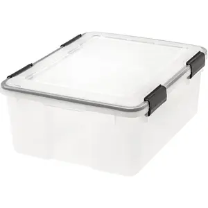 30 Quart WEATHERPRO Plastic Storage Box with Durable Lid and Seal and Secure Latching Buckles, Weathertight, Clear with Black Buckles, 1 Pack