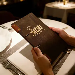 1pc Engraved Loose Leaf Wood Menu Cover, Luxury Leather Binding, Hardboard Ring-Bound Menu Holder for Bars & Cafes, Durable Plywood Material