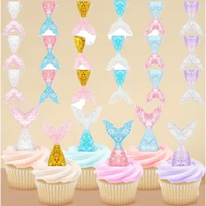 48 Pcs Glittering Mermaid Tails Cupcake Ring Toppers Resin Cake Decoration Under the Sea Birthday Party Mermaid Birthday Cake Decor Baby Shower Princess Baby Shower Sea Party Supplies