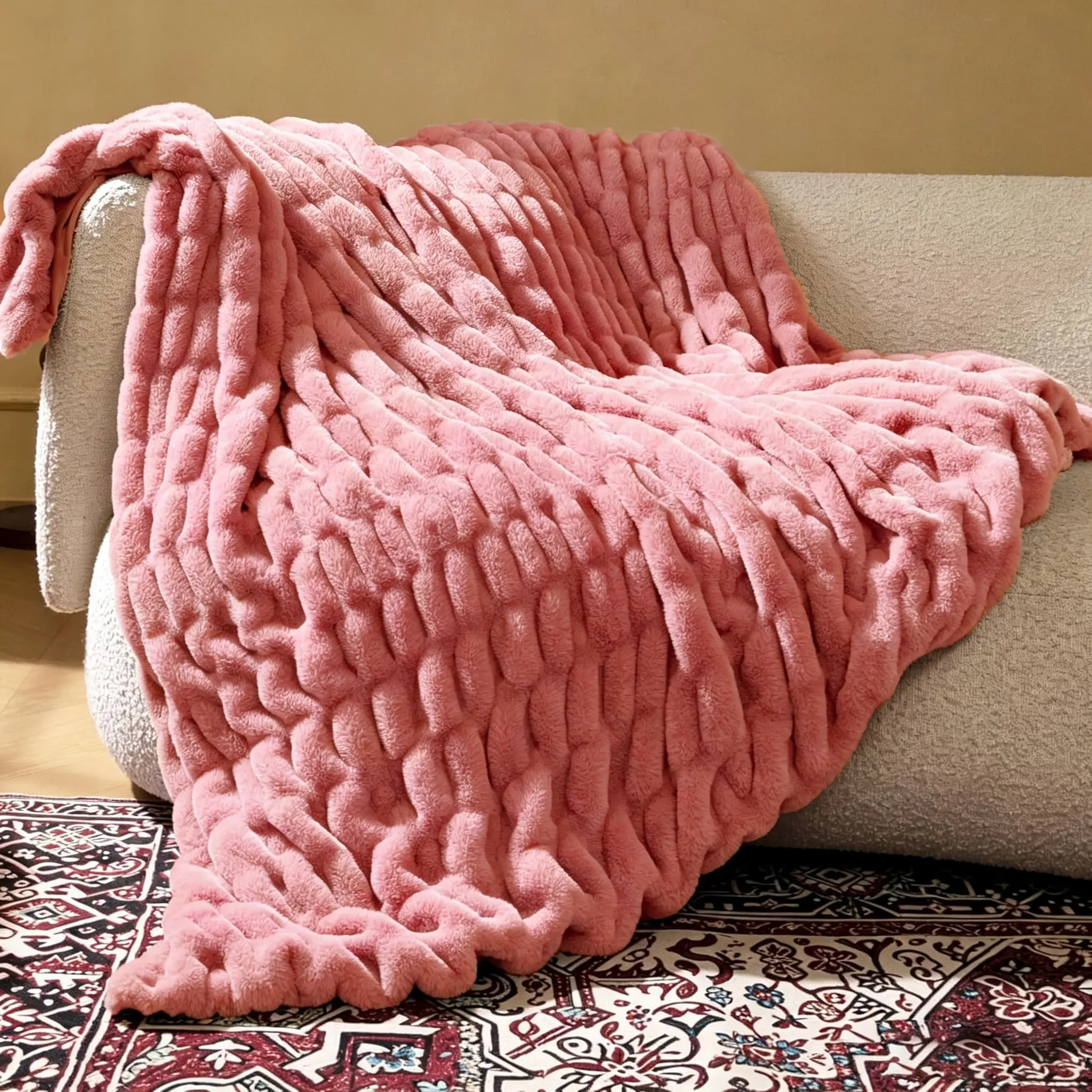 【Summer Sale】ROSEKIND The Dreamer Blanket,1000 GSM Ultra Soft Ruched Design Blanket, Luxury Faux Rabbit Fur Throw Blanket,Machine Washable, Cozy Fluffy Blanket for Bed, Couch and comfy Sofa blankets,Anxiety Relief,Dupe,Oversized, Cozy,Fluffy Warmth Throw