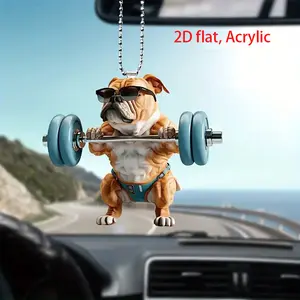 Funny Sunglasses Dumbbells Bulldog Design Acrylic Pendant, Fitness Theme Car Decor, Ideal Gift and Stylish Backpack Accessory, Car Hanging Decoration