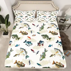 Camo Fishing Fitted Sheet - Pike Fish Big Bass Bedding Set | Hunting Theme Camouflage Bottom Sheets Only | Rustic Cabin Farmhouse Bed Set 2 Piece Bedroom Decor