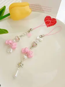 Pink Princess Bow Heart Phone Charm Bowknot Imitation Pearl love Star Beaded Lanyard Chain Keyring for Phone Backpack Wallet
