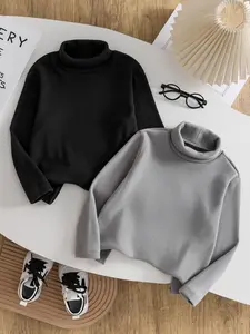 2pcs High Neck Long Sleeve Knit Pullover Set, Warm Casual for Fall & Winter, Comfortable Fitted Bottoms, Ages 4y-7y