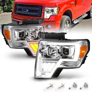 AmeriLite Replacement Headlights Assembly for 2009-2014 Ford F150 Switchback LED Tube Quad Projector Chrome Set - Passenger and Driver Side
