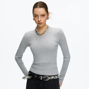 JCCC Women's Grey Long Sleeve Shirts Basic Crop Tops Going Out Fall Fashion Underscrubs Layer Slim Fit Y2K Tops Soft Fabric V Neck Casual Street Style V Neck Casual Top Comfortable Shirt Soft Basic Tees Women Blouses