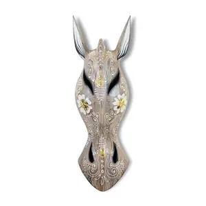 Wooden Tribal African Giraffe Mask Hand Carved Wall Plaque Hanging Home Decor Accent Sculpture Decoration Handmade Handcrafted Cream Flower Motif