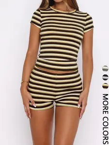 Women's Summer Olive Striped Casual Slim Fit Two-Piece Set, Round Neck Short Sleeve Top + High Waist Mini Shorts