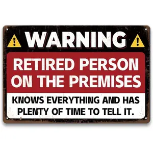 Funny Retirement Gift for Woman Men - Retired Person On Premises, Vintage Metal Retirement Sign for Retirement Party Decorations, Patio, Garden and Front Door Wall Art Decor, 12 x 8 inch