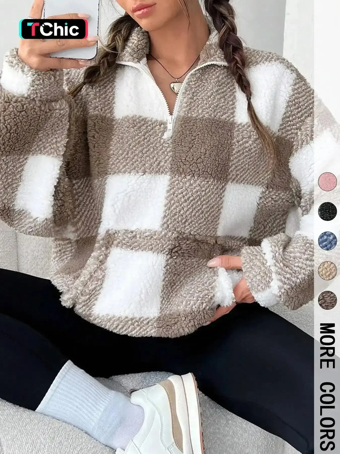 Women's Plaid Print Half Zip Drop Shoulder Fleece Sweatshirt, Casual Style Long Sleeve Stand Collar Pullover for Spring & Fall, Ladies Clothes for Daily Wear