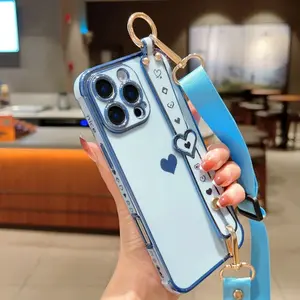 Fashion Crossbody Strap Heart Wristband Electroplated Phone Case for iPhone 11 12 13 14 15 16 17 Pro Max Plus Air, Simple Mobile Protection Cover