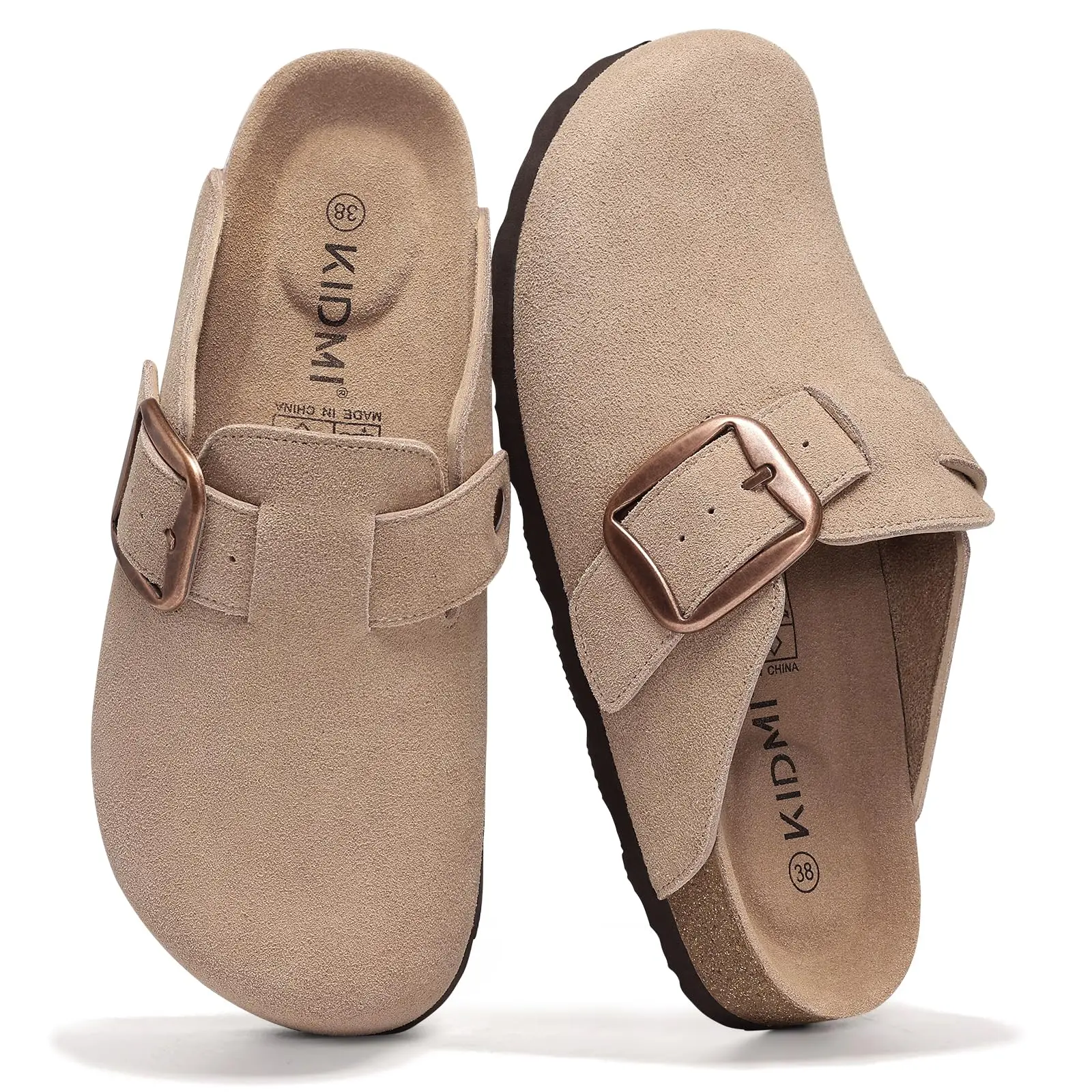 KIDMI Women's Clogs Comfortable Cork Sole Soft Memory Foam Slide With Arch Support Women's Premium Suede Leather Mules With Big Buckle