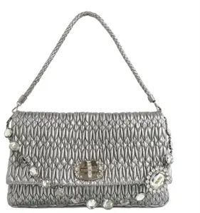 Pre-owned miumiu Calfskin Shoulder Bags MIU MIU Iconic Crystal Cloqué Nappa Leather Bag Silver BGP213791