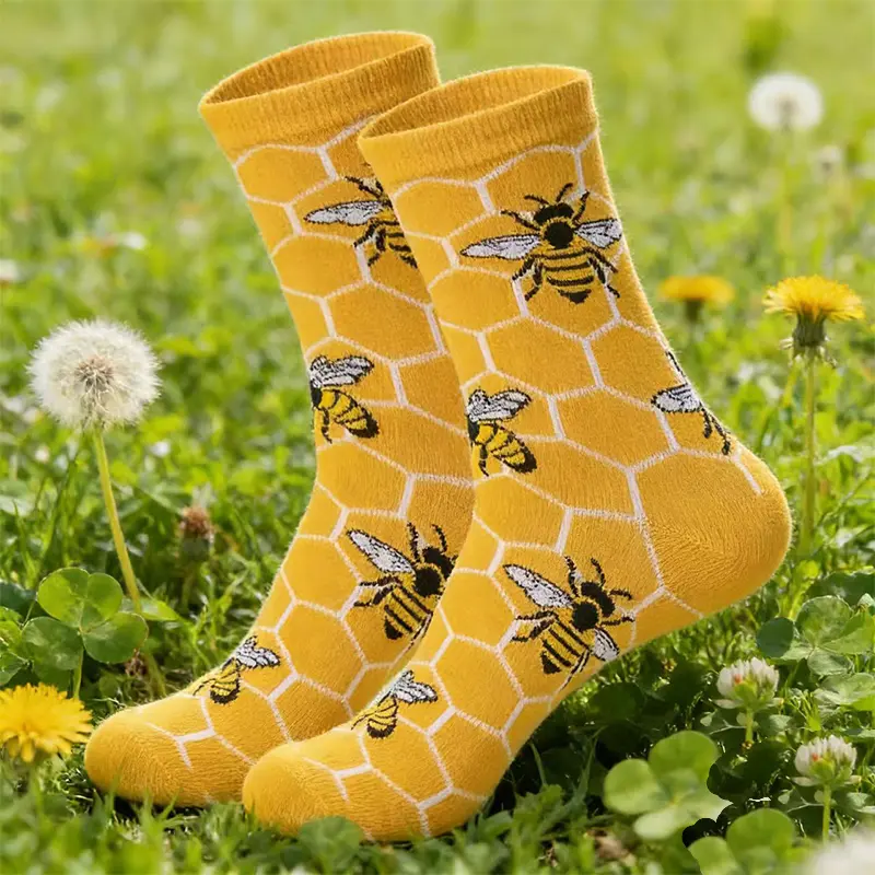 5-Pair Pack: Unique and fun bee-themed cartoon design for men and women; stylish and trendy socks for casual wear at home, in the office, and outdoors