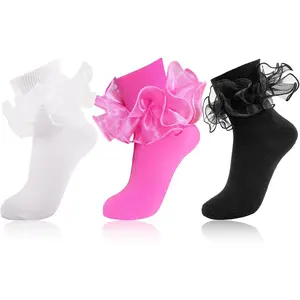 Women Big Ruffle Ankle Socks Adult Double Lace Turn Cuff Cotton Frilly Dress Socks Cute Bobby Sock