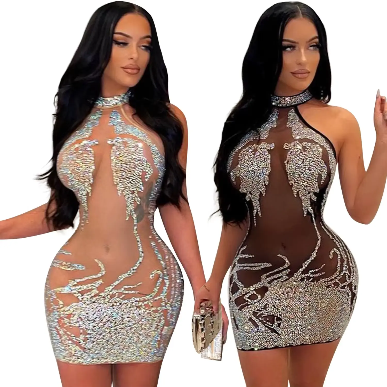 Echoine Women Sexy Hang a Neck Mesh Skinny Hot Drilling Perspective Mini Dress Summer Nightclub Party Elegant Dresses Vestidos Echoine Womenswear Lady