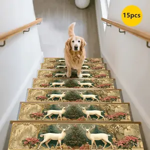 15pc Christmas Deer Stair Mats Non-Slip Durable Home Decor, Holiday Atmosphere Stair Carpet, Festive Decoration Mat Jit