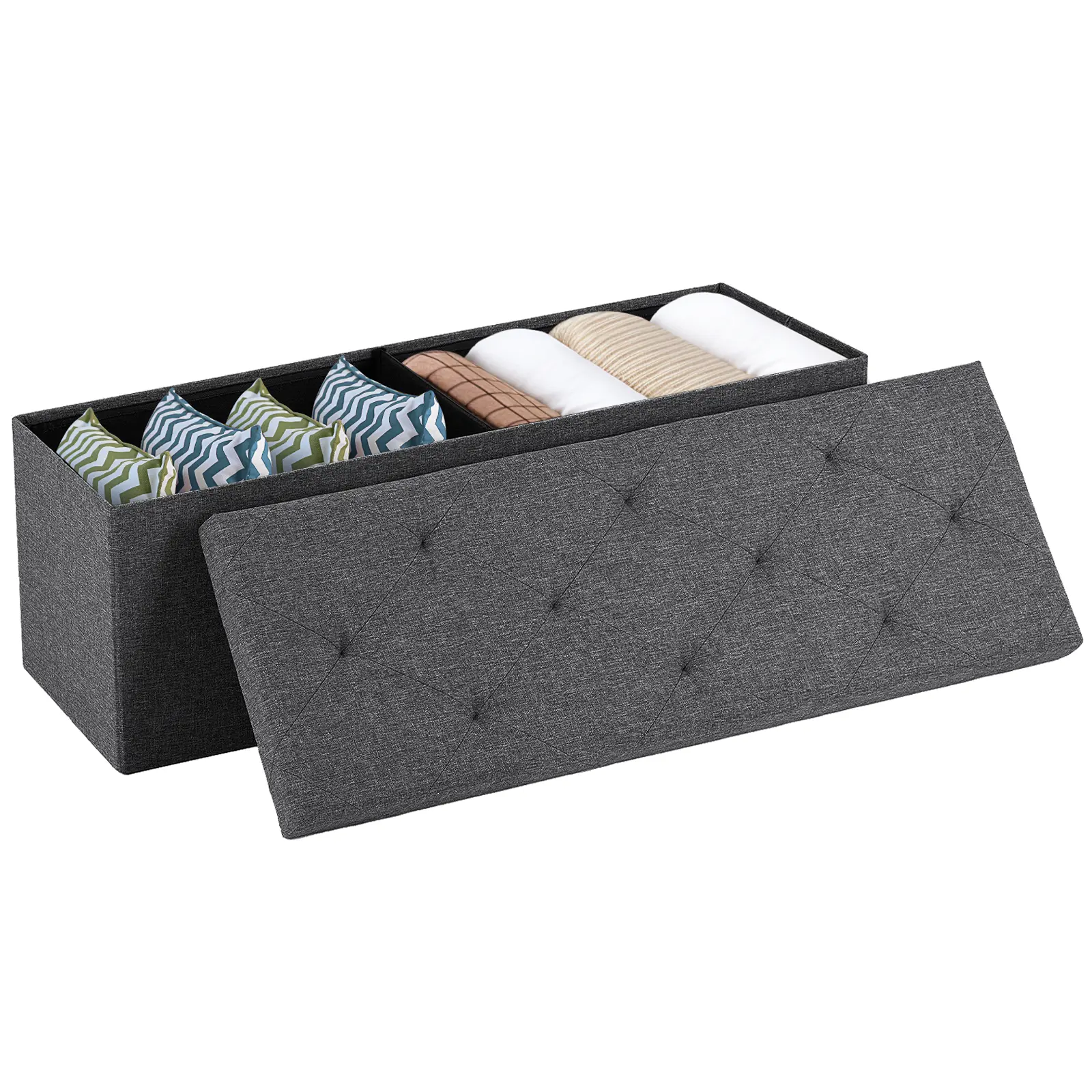 Folding Storage Ottoman Bench, Large End of Bed Foot Rest Stools Ottoman Storage Chest with Padded Seat for Bedroom, Living Room, Entryway, Deep Grey