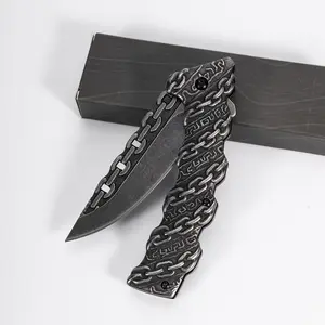EDC embossed steel handle personalized folding knife, stainless steel outdoor knife, wilderness survival tactical knife, mountain climbing portable camping knife