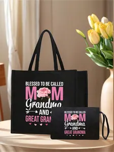 1/2pcs Large Capacity Tote Bag And Cosmetics Storage Set, "Blessed To Be Called Mom Grandma Great Grandma" Print Casual & Stylish,Shoulder Bag & Clutch Zipper Pouch