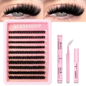 DIY Dense Eyelash Extension Kit, Eyelash Falsies, Makeup, Natural Look, Mixed Lengths, Thick, Wispy Curled, Individual Eyelash Clusters 30D 40D 60D 80D, D Curl, Soft Eyelash Strips, Includes Bond&Seal &Remove&Eyelash Tweezers