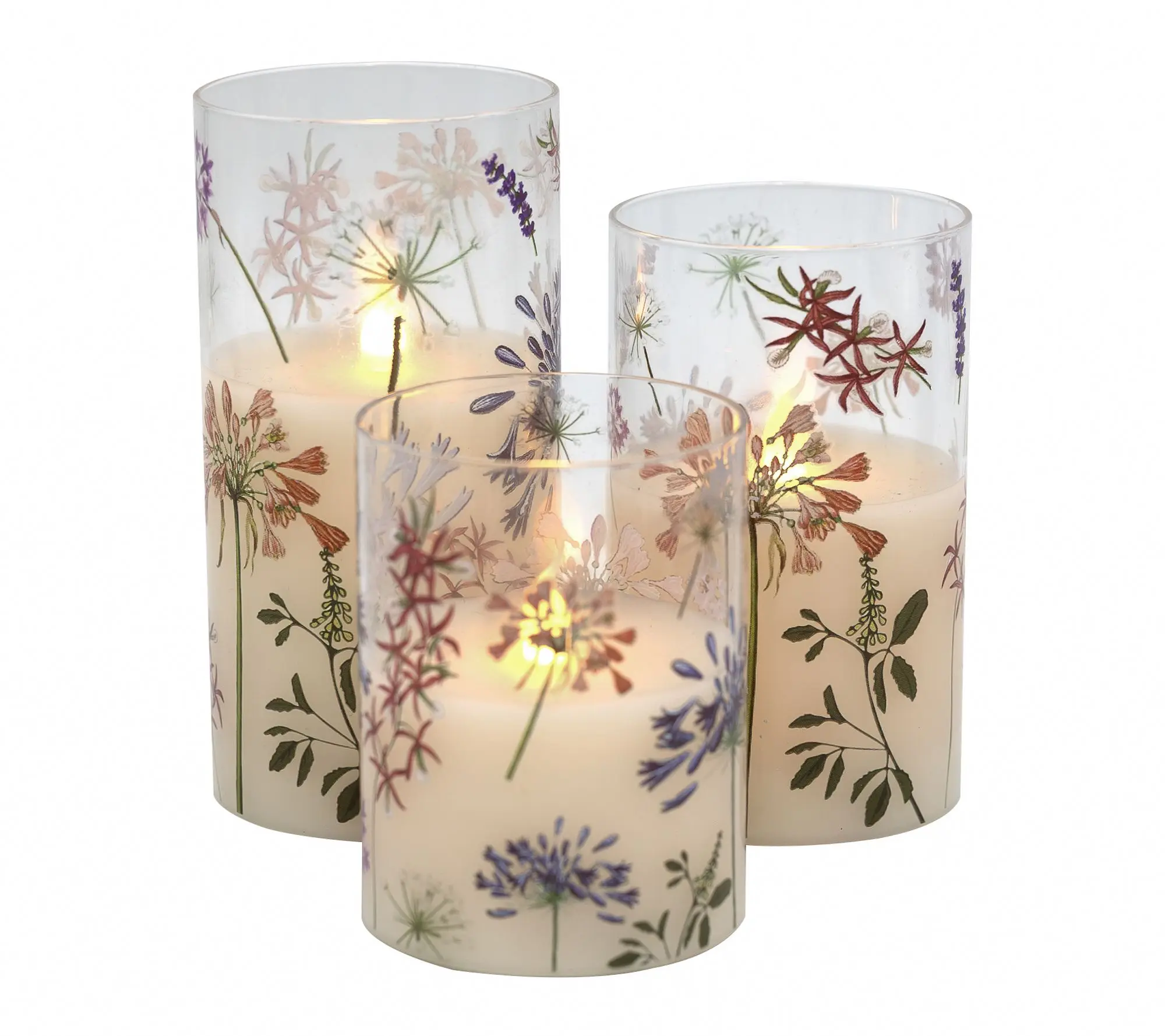 LumaBase Battery-Operated Glass Hurricanes w/Wildflower- Set 3