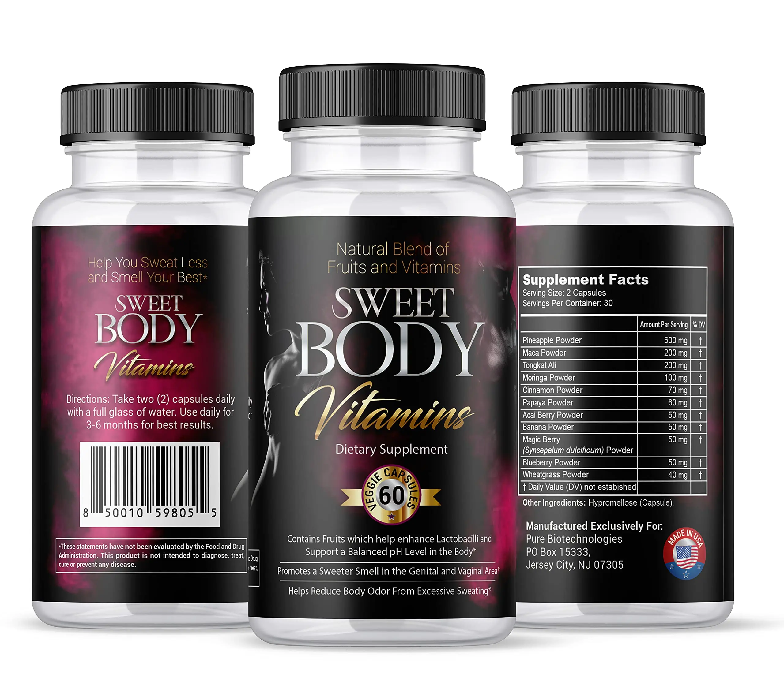 SweetBody Vitamins - Reduces Sweating and Eliminates Body Odor by Promoting a Balanced pH Level in The Body (1 Bottle - 60 Capsules)