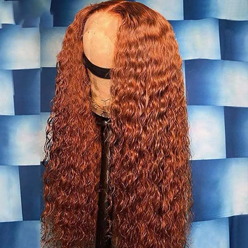 100% Human Hair Water Wave Wig, 28in Ginger Orange Color, 13x4 Lace Frontal Wig