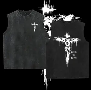 washed vest Walk by Faith Cross Double Printed Vintage Washed  - Unisex Oversized Heavyweight Cotton for Christian Streetwear Grunge Aesthetic, Bible Verse Church Outfit, Gym Pump Cover