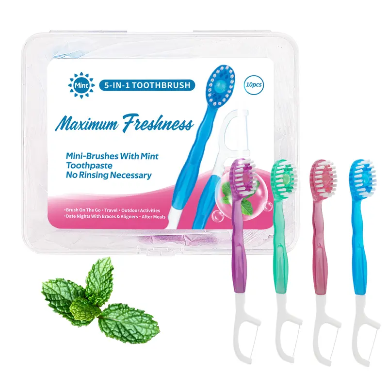 Portable 5 in 1 Mini Toothbrush Set, 10pcs/box Refreshing Toothbrush with Storage Box, Oral Care Tool for Home & Travel, Toothbrush Kit, Pre Pasted Toothbrush, Travel Toothbrushes