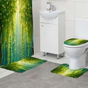 1/4 piece set of green Tengman pattern shower curtain, The 4-piece set includes a single shower curtain, anti slip floor mat, toilet U-shaped mat, toilet lid mat, with shower curtain hook, and belongs to bathroom decoration products